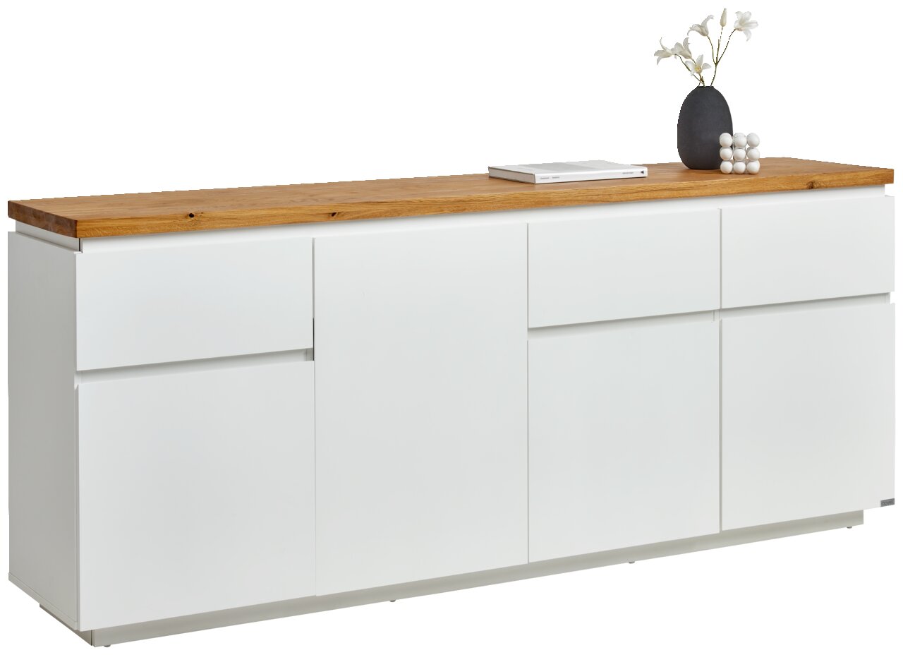 XL-Sideboard in Weiß mit Holzplatte, seitliche Perspektive