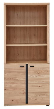 Frontale Ansicht eines Akten- und Regalschranks aus Holz mit zwei offenen Regalböden und zwei Türen im unteren Bereich.