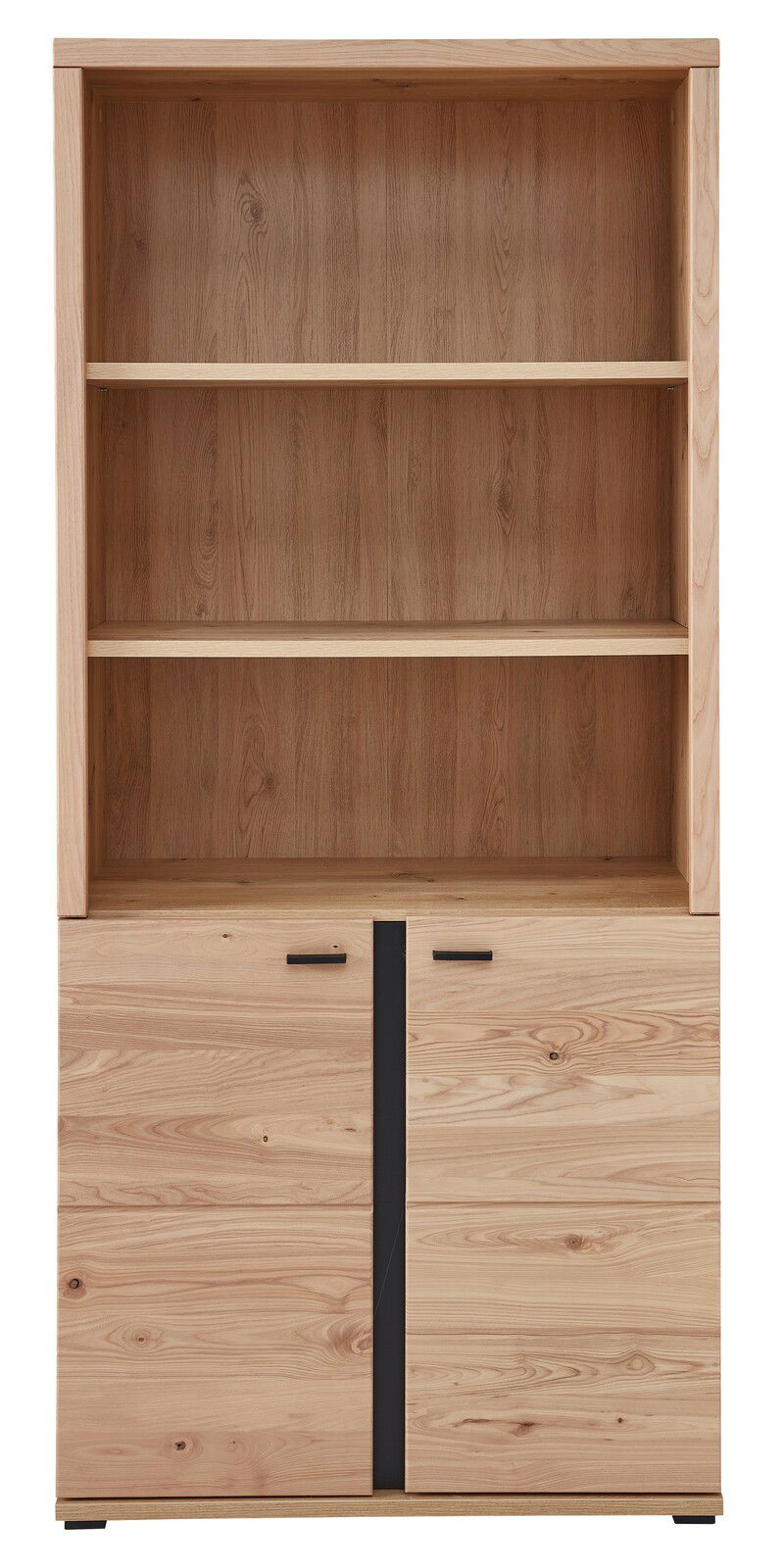 Frontale Ansicht eines Akten- und Regalschranks aus Holz mit zwei offenen Regalböden und zwei Türen im unteren Bereich.