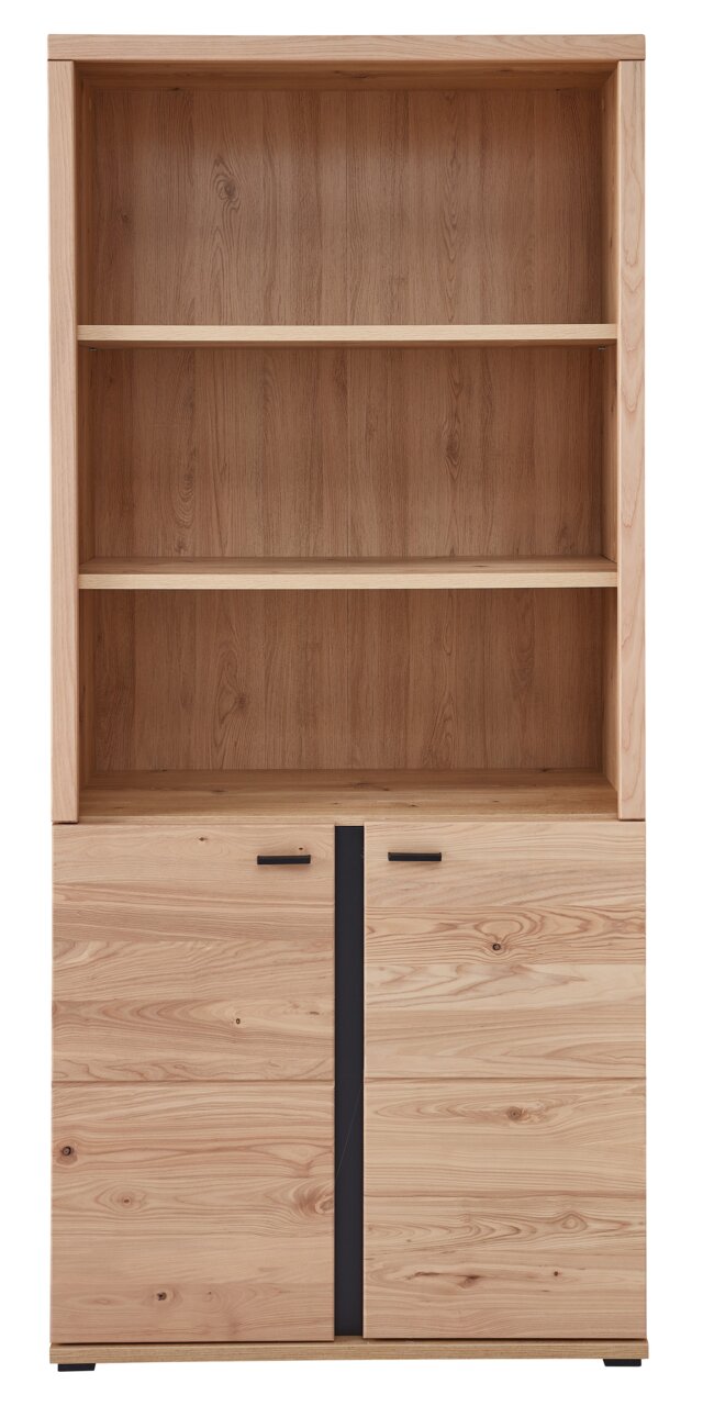 Frontale Ansicht eines Akten- und Regalschranks aus Holz mit zwei offenen Regalböden und zwei Türen im unteren Bereich.