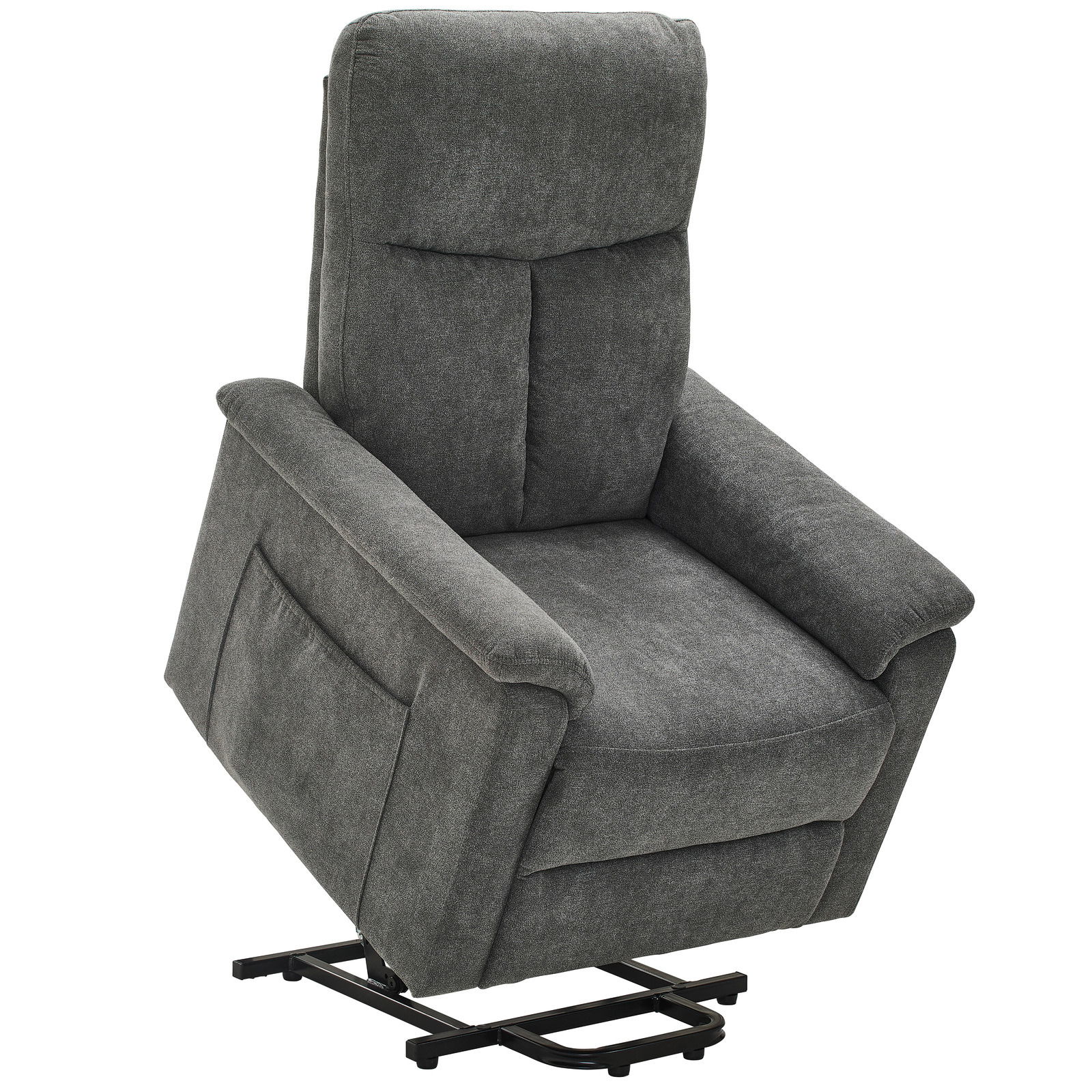 Grauer Relaxsessel in Vorderansicht mit hochgeklappter Fußstütze und weicher Polsterung.