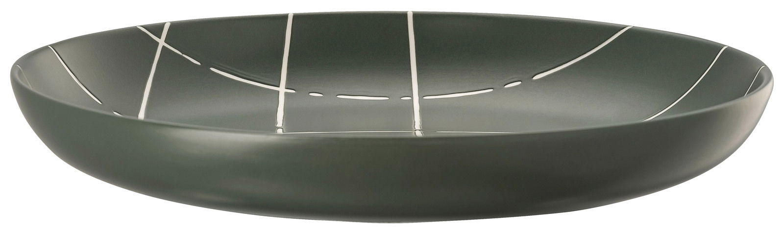 Tiefer Teller mit modernem, geometrischem Muster in dunklem Grün, seitliche Perspektive