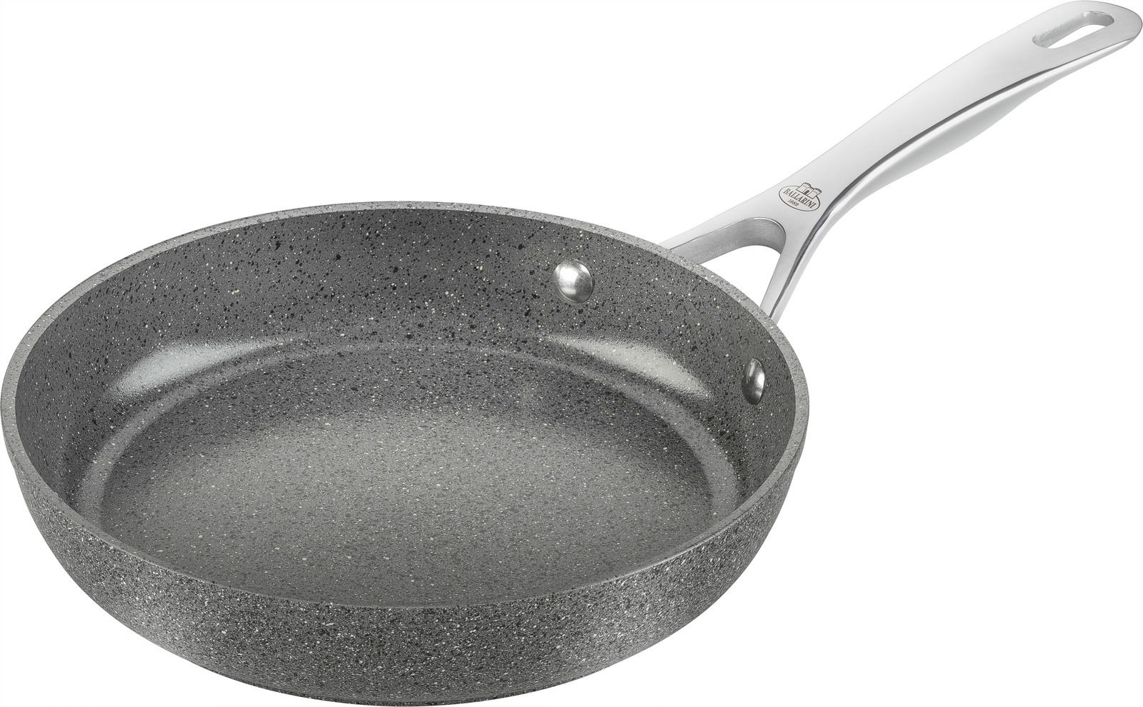 Bratpfanne mit 24 cm Durchmesser, graue Steinoptik, seitliche Perspektive