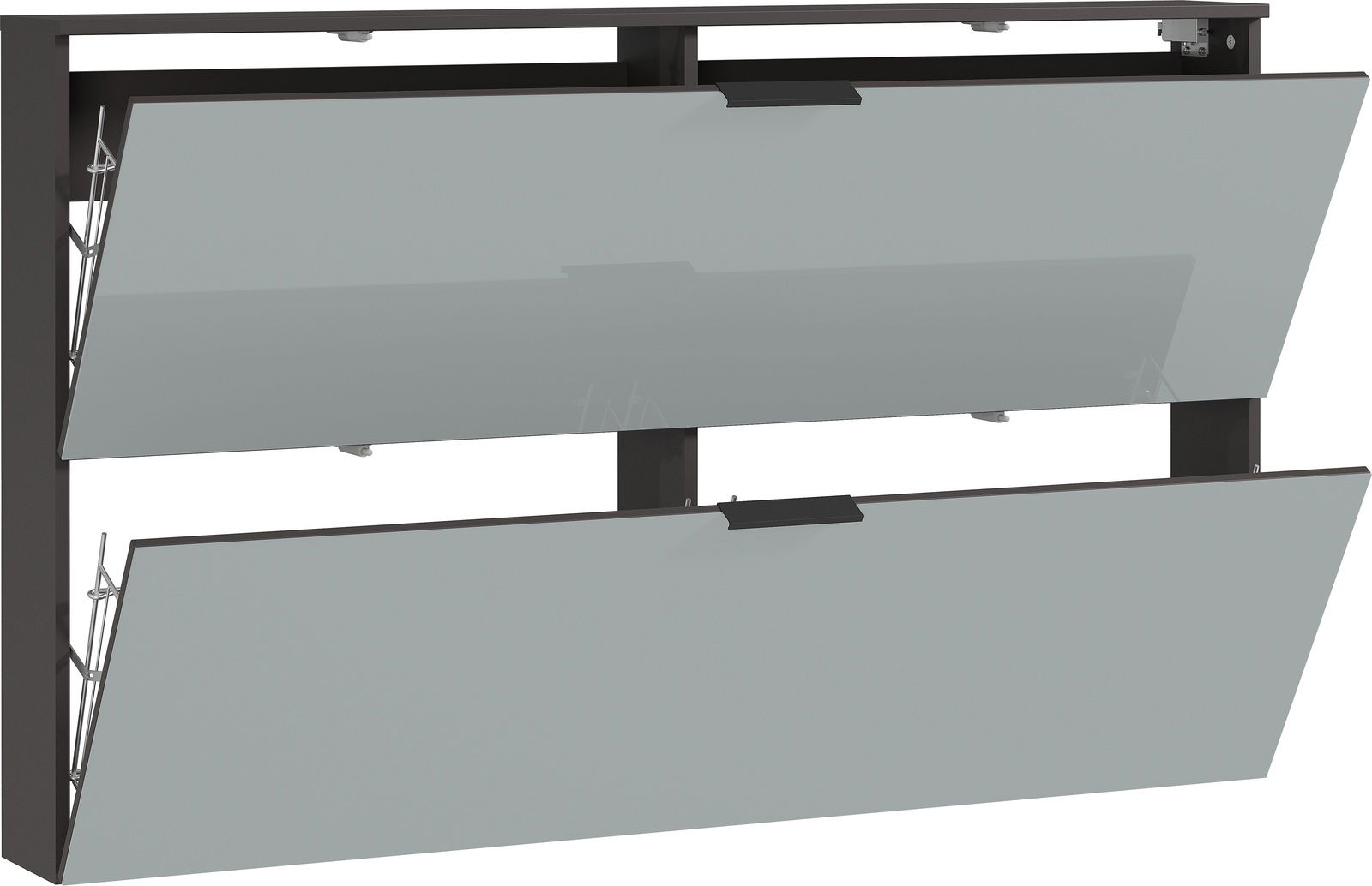 Schuhschrank mit zwei aufklappbaren Fächern in seitlicher Perspektive