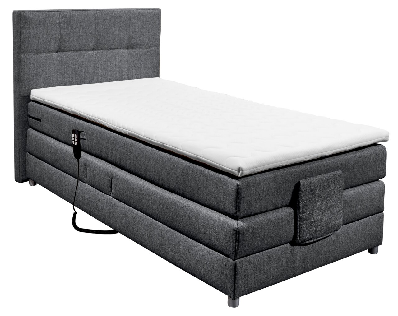 Graues Boxspringbett mit Kopfteil, seitlicher Perspektive, mit weißem Topper und integrierter Fernbedienung.