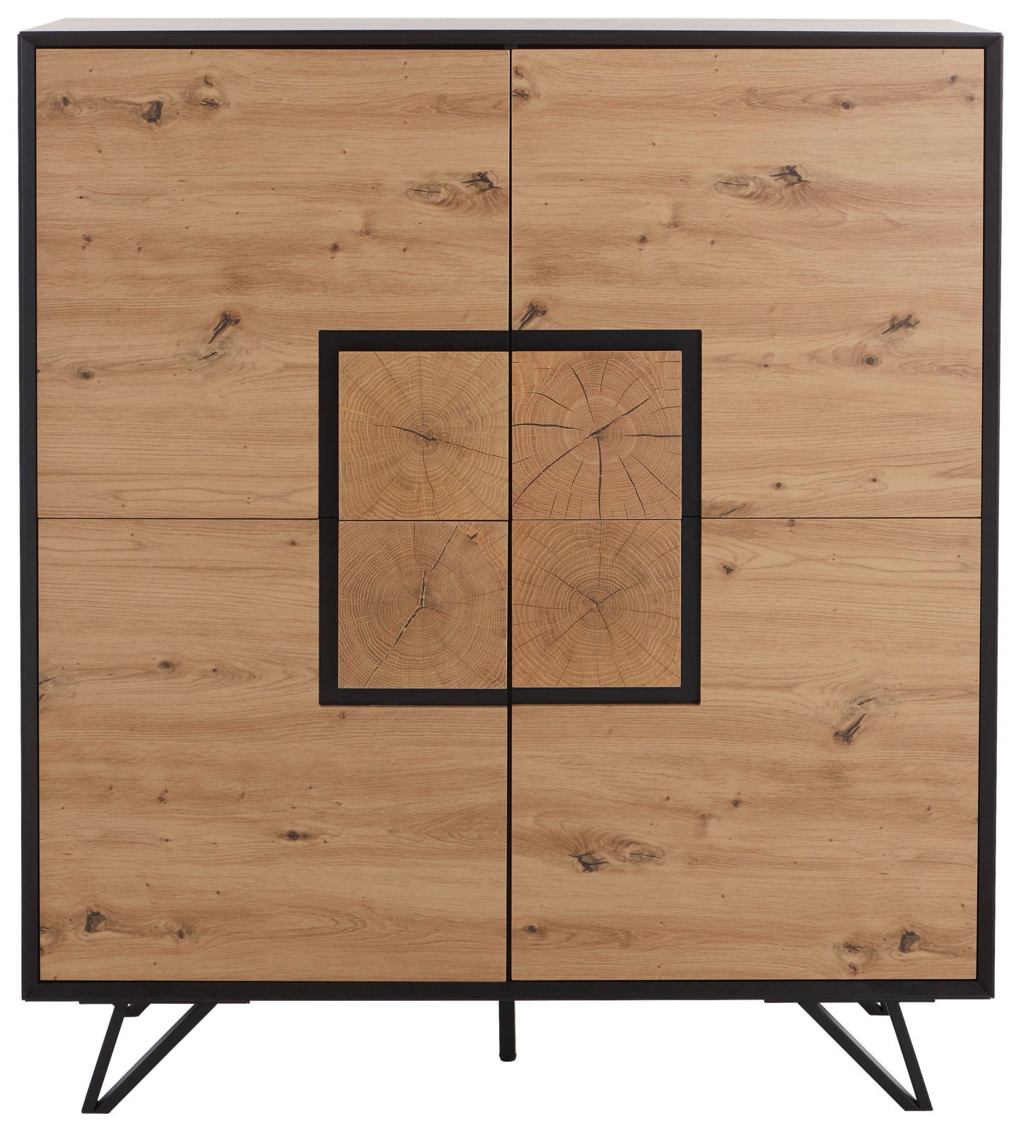 Frontale Ansicht eines Highboards aus Holz mit markanter quadratischer Musterung in der Mitte und schwarzen Metallbeinen.