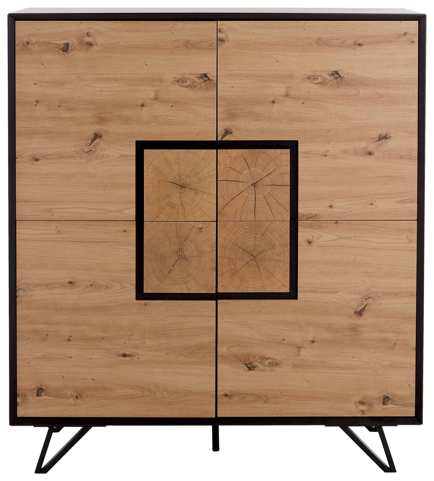 Frontale Ansicht eines Highboards aus Holz mit markanter quadratischer Musterung in der Mitte und schwarzen Metallbeinen.