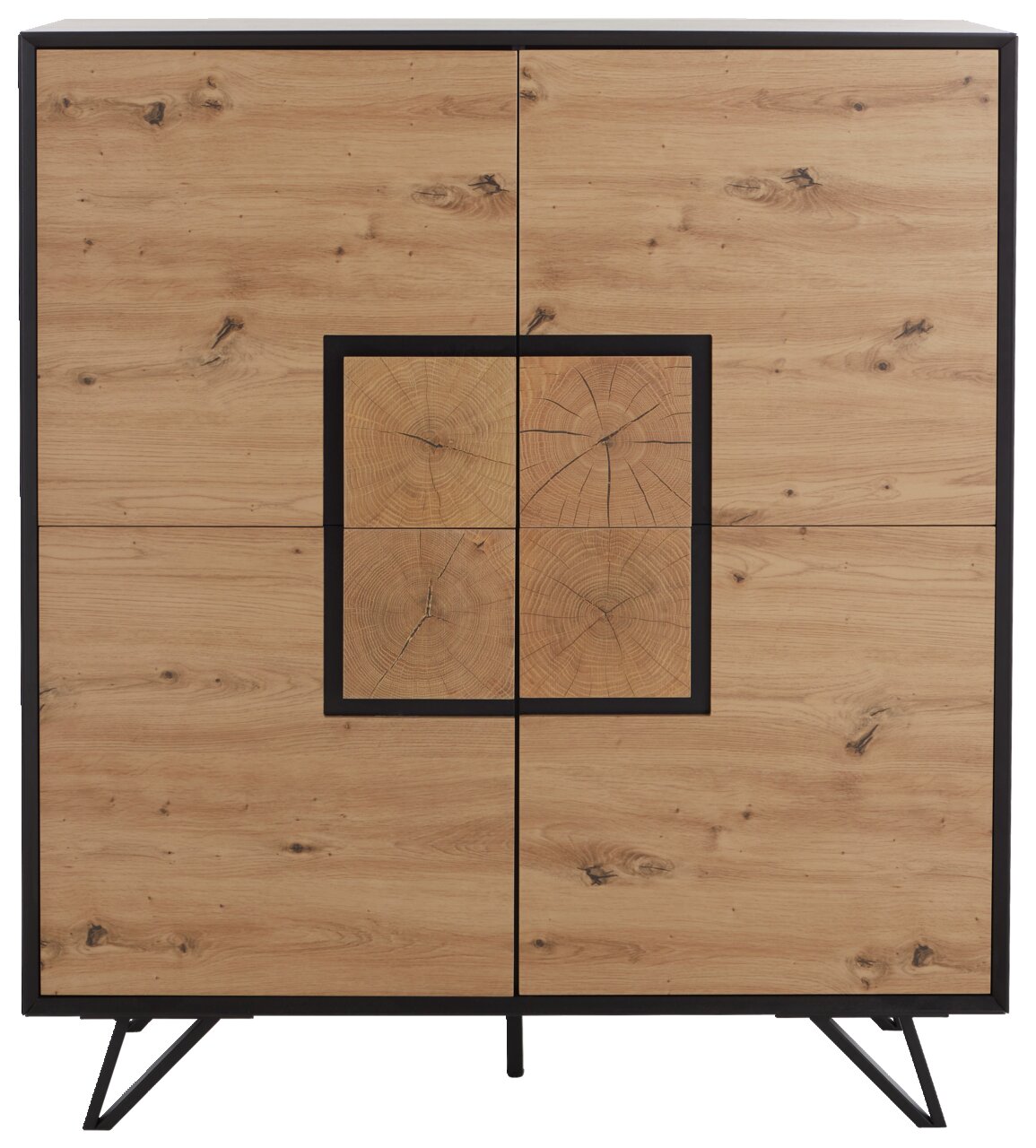 Vooraanzicht van een houten highboard met een opvallend vierkant patroon in het midden en zwarte metalen poten.