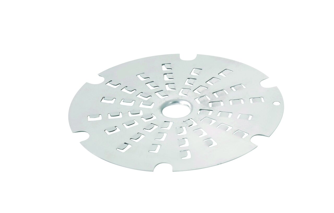 Runde, silberne Käsereibe aus Metall mit Lochmuster, von oben betrachtet