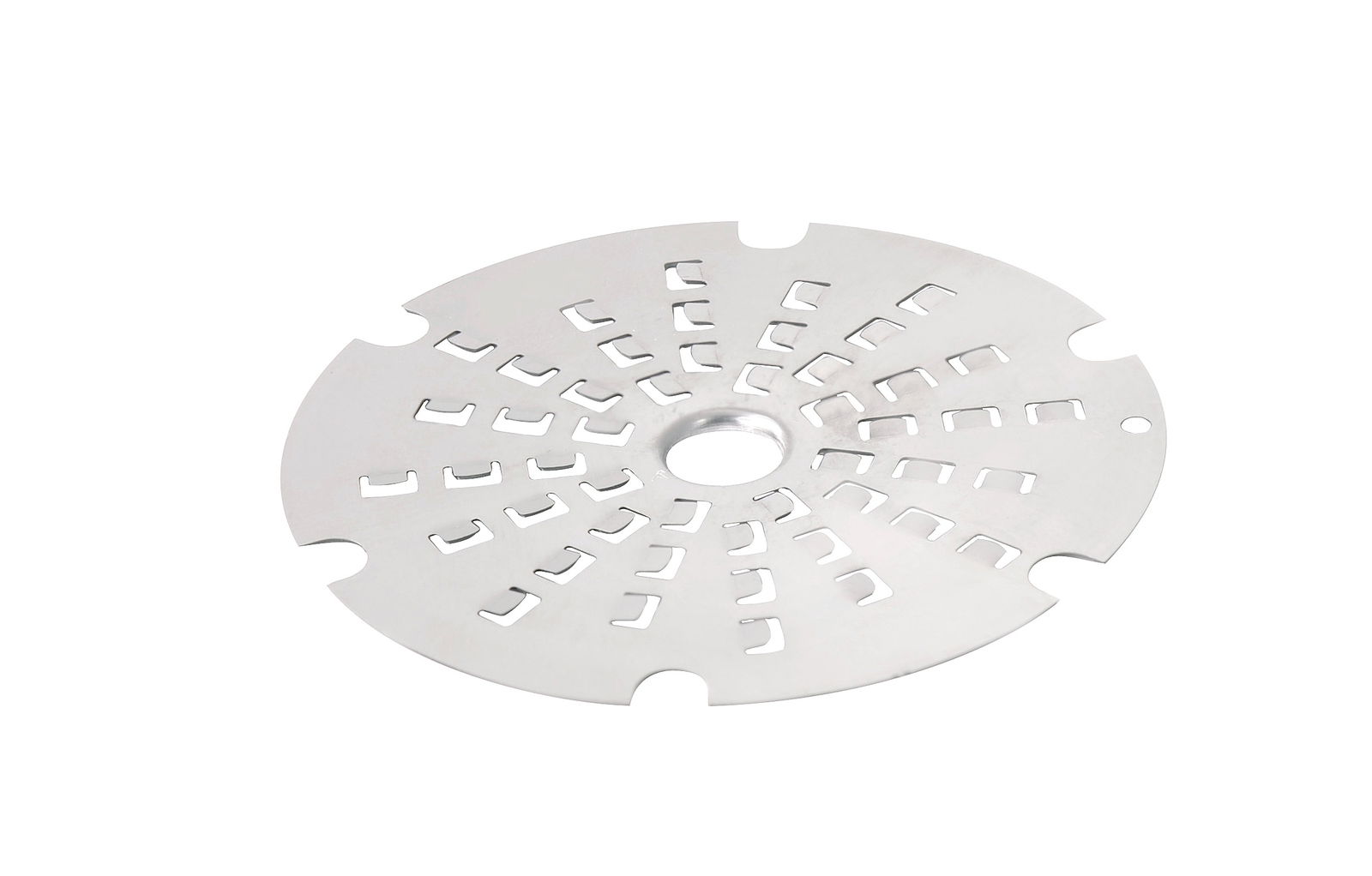Runde, silberne Käsereibe aus Metall mit Lochmuster, von oben betrachtet
