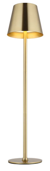 Goldene Tischleuchte VANNIE in Frontalansicht mit schlankem Design und konischem Lampenschirm.