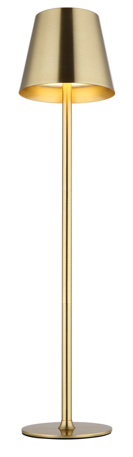 Goldene Tischleuchte VANNIE in Frontalansicht mit schlankem Design und konischem Lampenschirm.