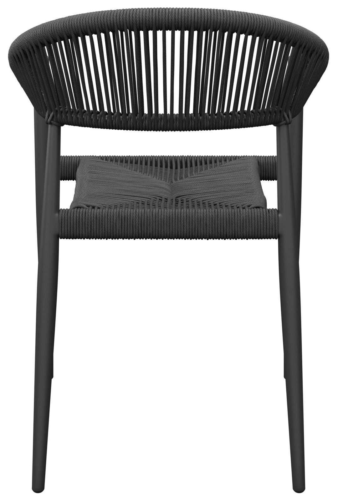 Rückansicht eines modernen, schwarzen Stapelsessels mit geflochtenem Design.