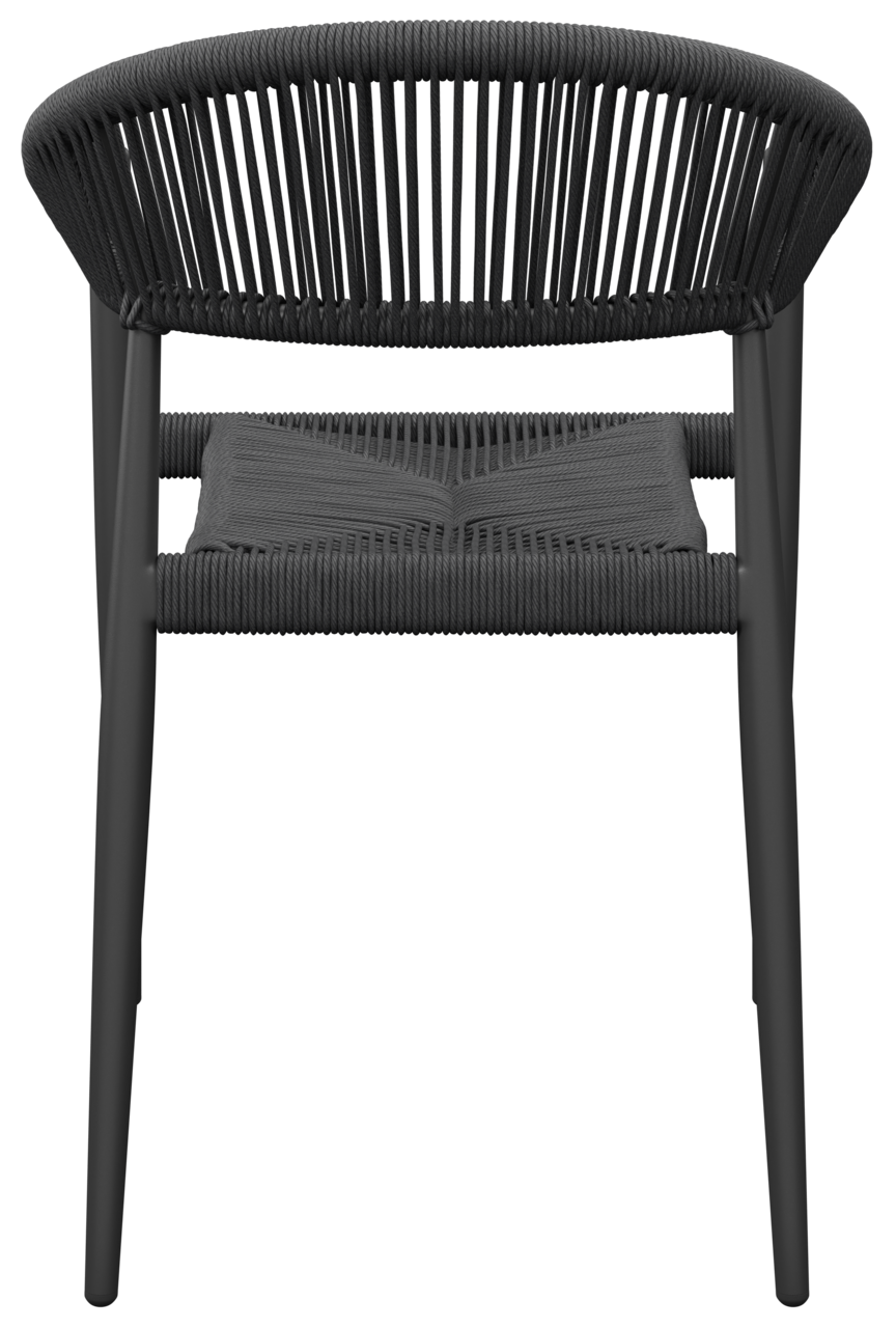 Rückansicht eines modernen, schwarzen Stapelsessels mit geflochtenem Design.