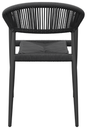 Rückansicht eines modernen, schwarzen Stapelsessels mit geflochtenem Design.