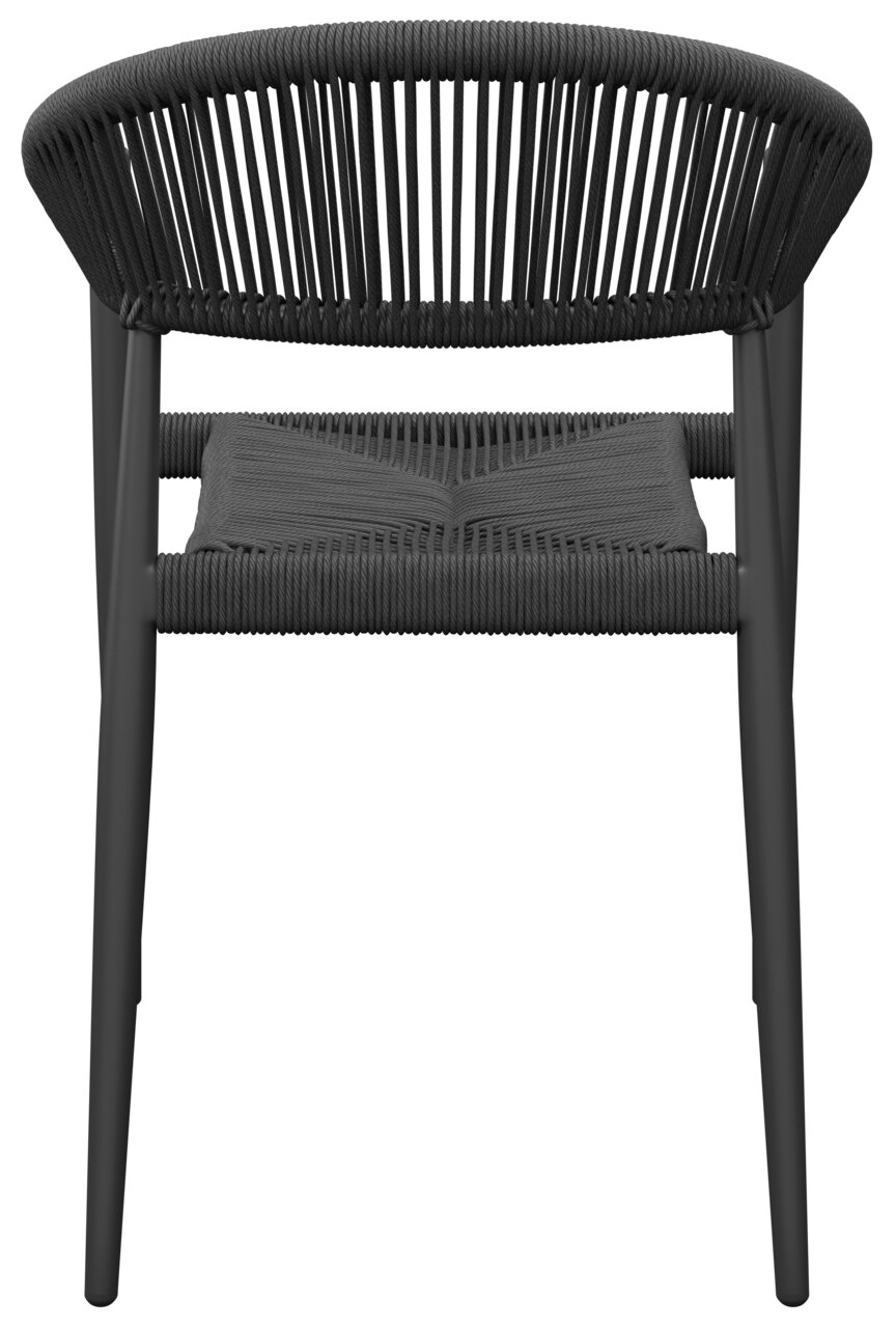 Rückansicht eines modernen, schwarzen Stapelsessels mit geflochtenem Design.