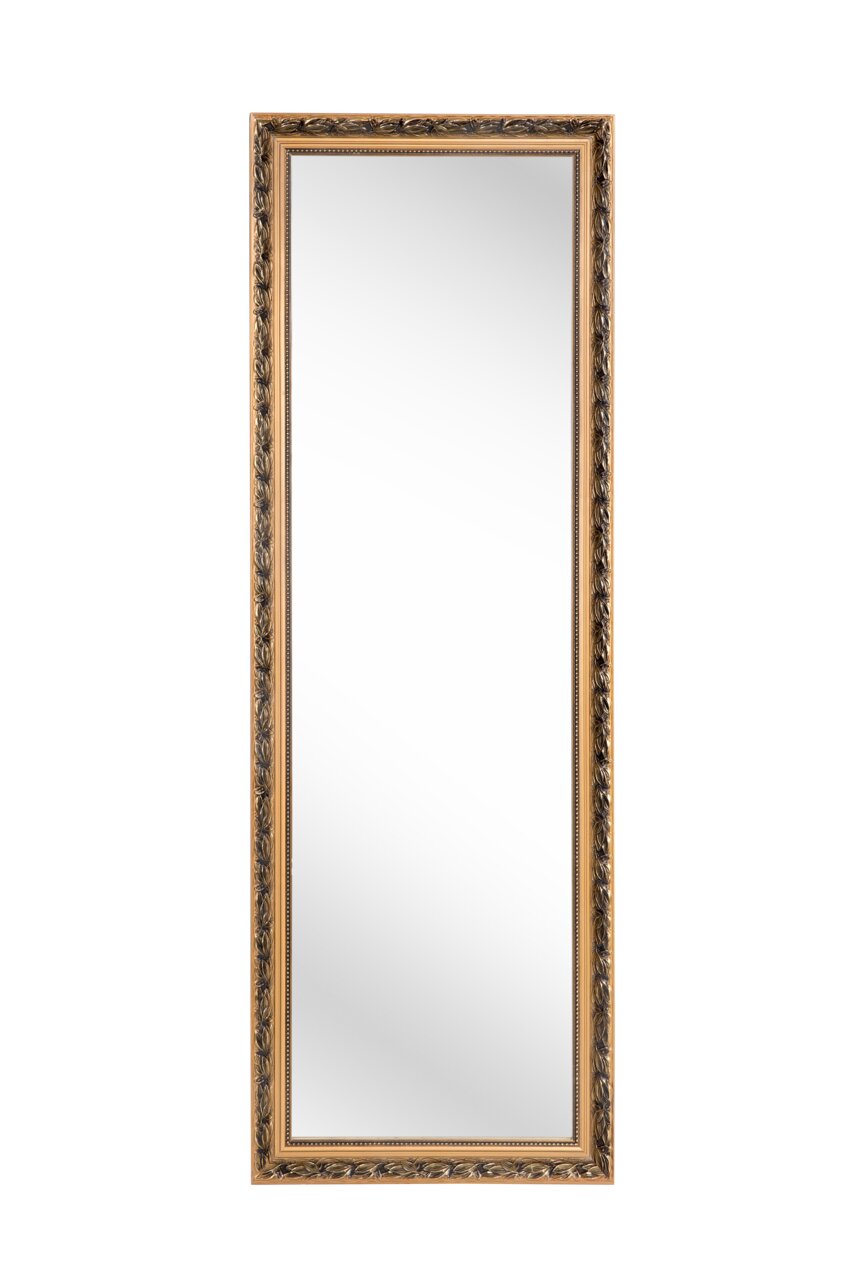 Rechteckiger Spiegel mit dekorativem, goldfarbenem Rahmen, frontal abgebildet.