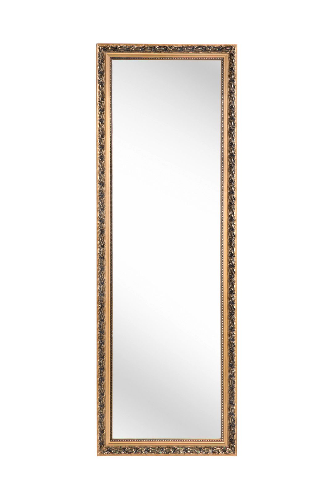 Rechteckiger Spiegel mit dekorativem, goldfarbenem Rahmen, frontal abgebildet.