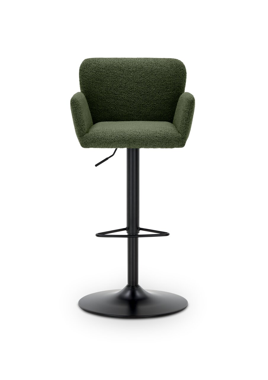 Groene barkruk met gestoffeerde rugleuning en armleuningen, zwart metalen onderstel en voetsteun, vooraanzicht.
