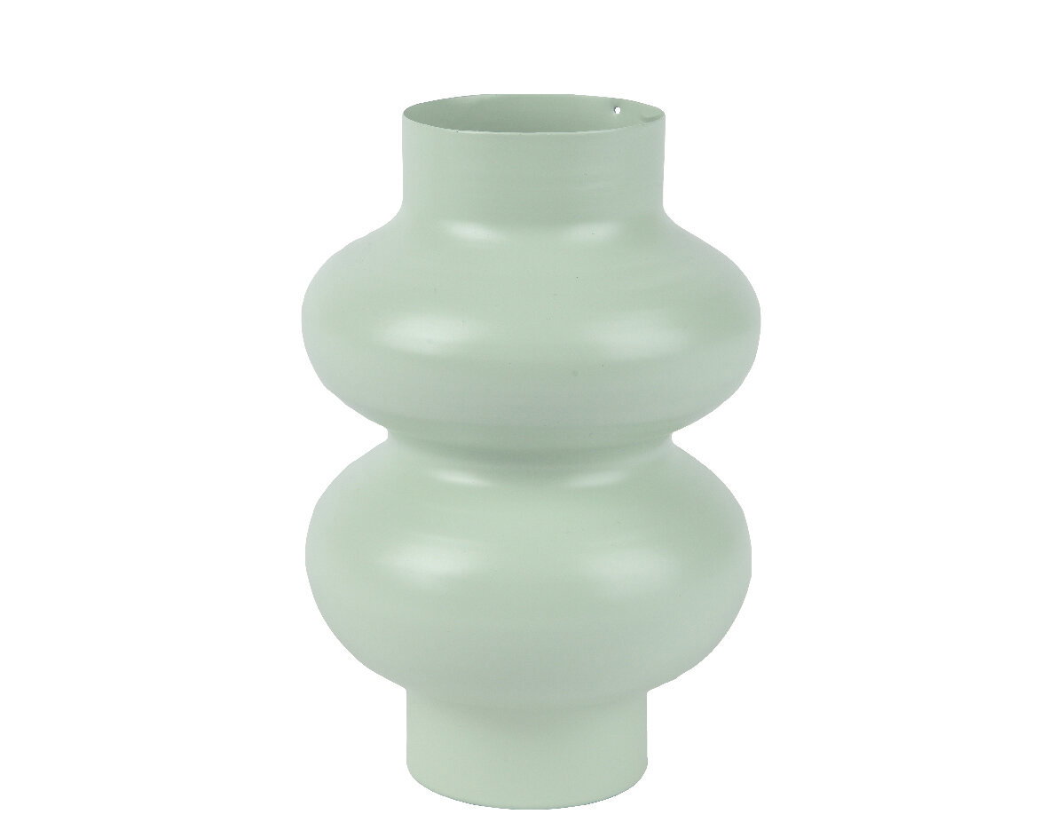 Moderne, hellgrüne Vase mit geschwungenem Design, seitliche Perspektive