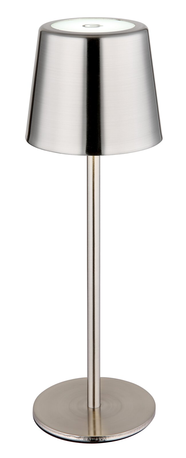 Moderne Tischleuchte aus gebürstetem Metall in Frontalansicht