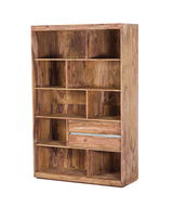 Holzregal mit mehreren Fächern und Schubladen, seitliche Perspektive