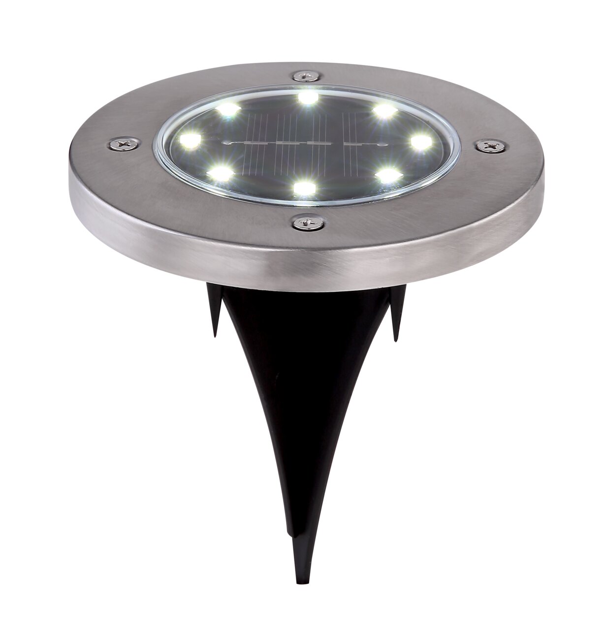 Solarleuchte mit Edelstahlrahmen und acht LEDs, seitliche Perspektive