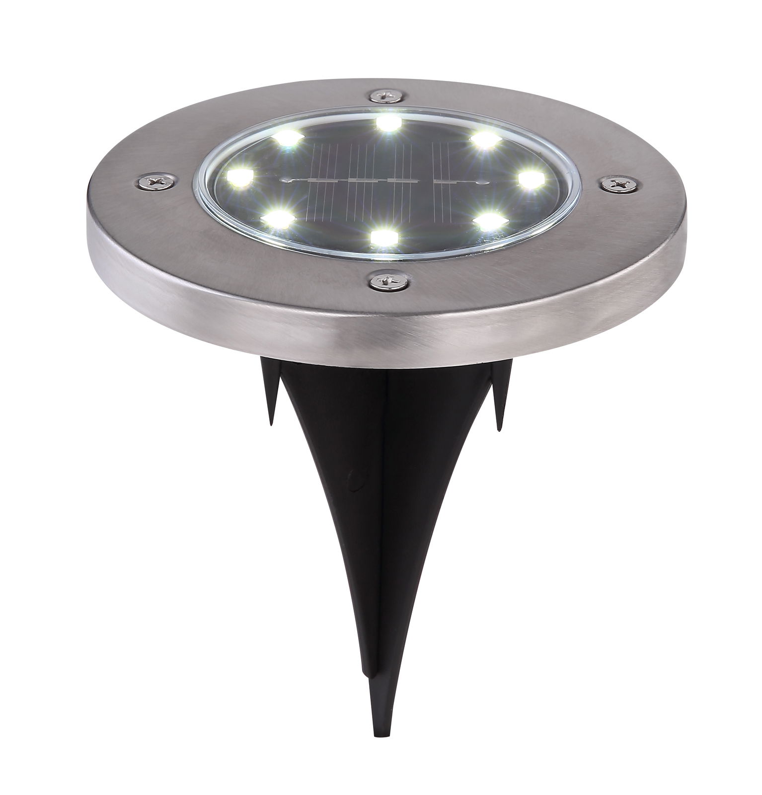 Solarleuchte mit Edelstahlrahmen und acht LEDs, seitliche Perspektive