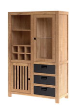 Hochschrank aus Holz mit Glastür, offenen Regalfächern und schwarzen Schubladen, seitliche Perspektive
