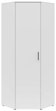 Weißer Eckschrank mit einer Tür und schwarzem Griff, frontal abgebildet.