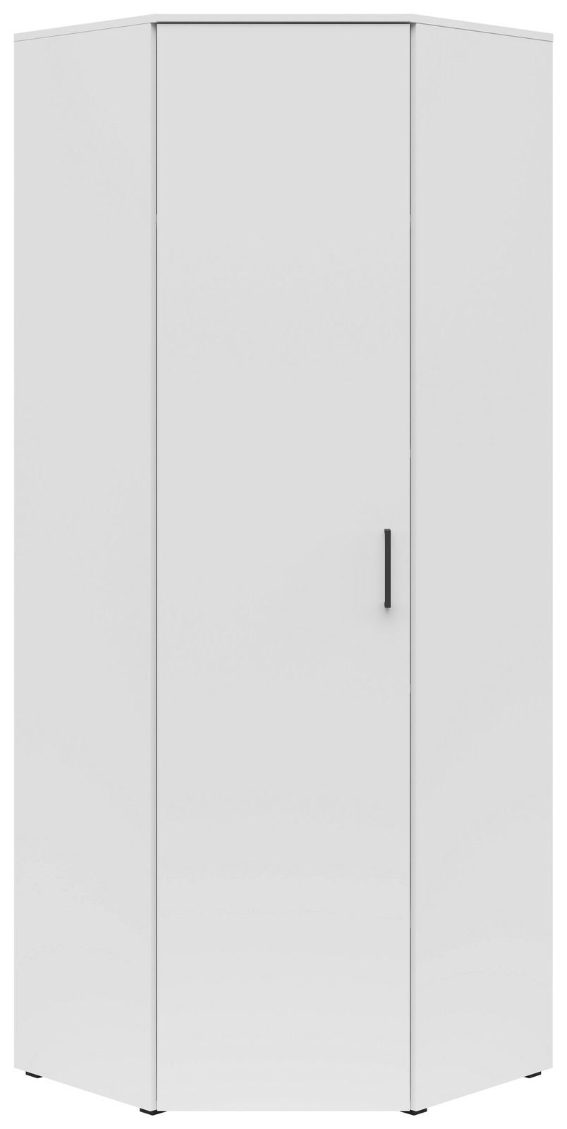 Weißer Eckschrank mit einer Tür und schwarzem Griff, frontal abgebildet.