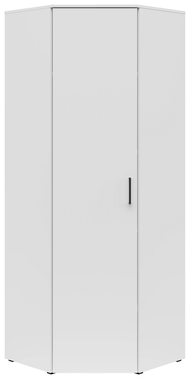 Weißer Eckschrank mit einer Tür und schwarzem Griff, frontal abgebildet.