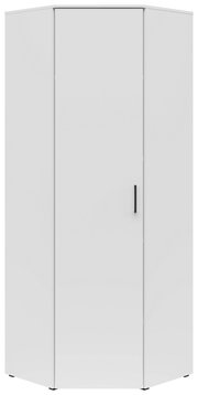 Weißer Eckschrank mit einer Tür und schwarzem Griff, frontal abgebildet.