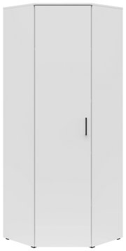 Weißer Eckschrank mit einer Tür und schwarzem Griff, frontal abgebildet.