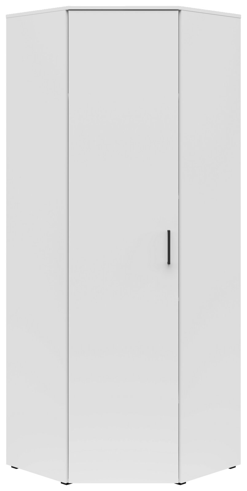 Weißer Eckschrank mit einer Tür und schwarzem Griff, frontal abgebildet.