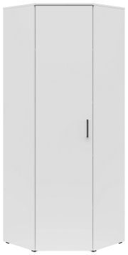 Weißer Eckschrank mit einer Tür und schwarzem Griff, frontal abgebildet.