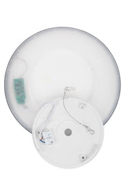 Runde LED-Deckenleuchte von unten mit sichtbarer Verkabelung und Befestigungselementen.