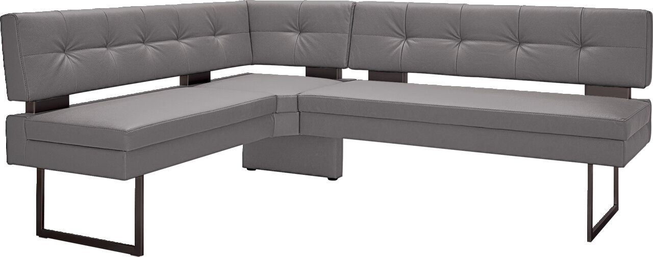 Graue Eckbank mit modernem Design, frontal von schräg oben fotografiert.