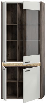 Vitrine mit Holzoptik und weißen Türen, teilweise geöffnet, aus frontaler Perspektive