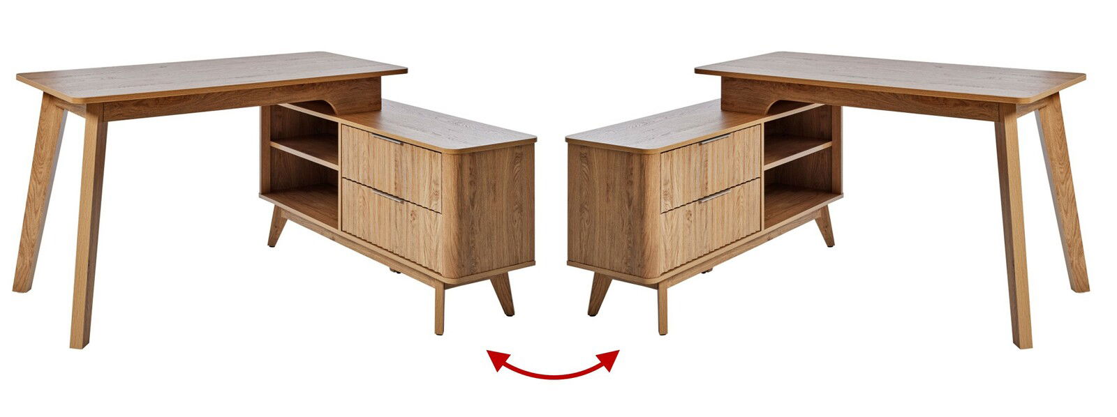 Eck-Schreibtisch aus Holz mit zwei Schubladen und offenen Regalfächern, seitliche Perspektive