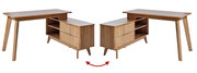 Eck-Schreibtisch aus Holz mit zwei Schubladen und offenen Regalfächern, seitliche Perspektive