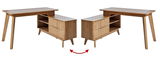 Eck-Schreibtisch aus Holz mit zwei Schubladen und offenen Regalfächern, seitliche Perspektive