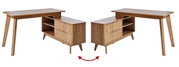 Eck-Schreibtisch aus Holz mit zwei Schubladen und offenen Regalfächern, seitliche Perspektive