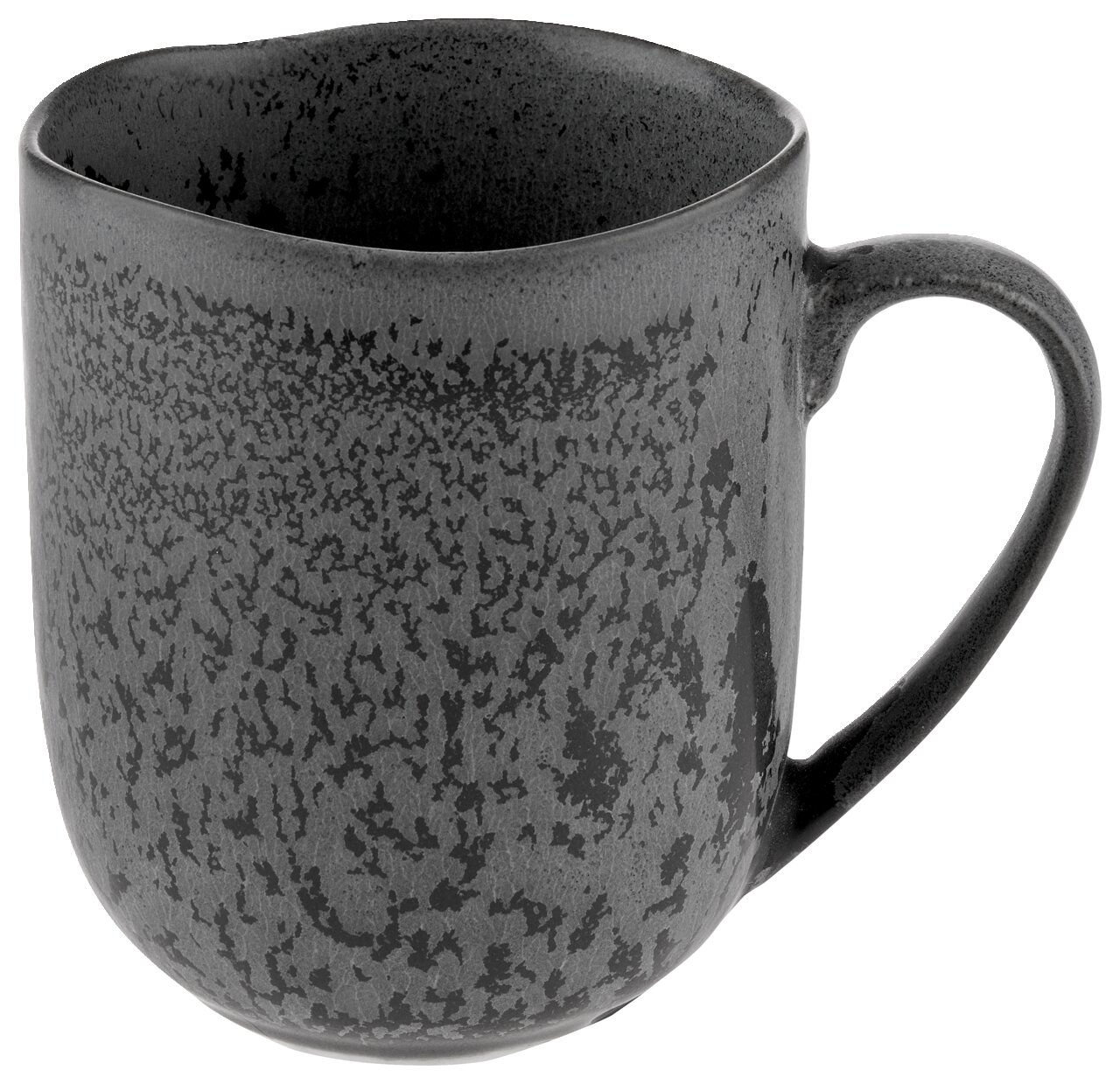 Graue Tasse mit gesprenkeltem Design, seitliche Perspektive