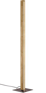 Moderne LED-Stehleuchte aus Holz mit schmalem, vertikalem Design, seitliche Perspektive