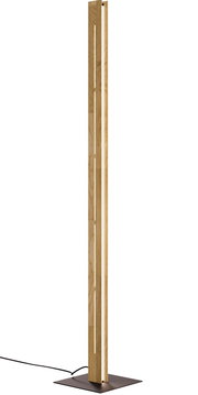 Moderne LED-Stehleuchte aus Holz mit schmalem, vertikalem Design, seitliche Perspektive