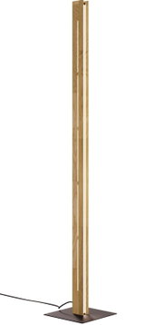 Moderne LED-Stehleuchte aus Holz mit schmalem, vertikalem Design, seitliche Perspektive