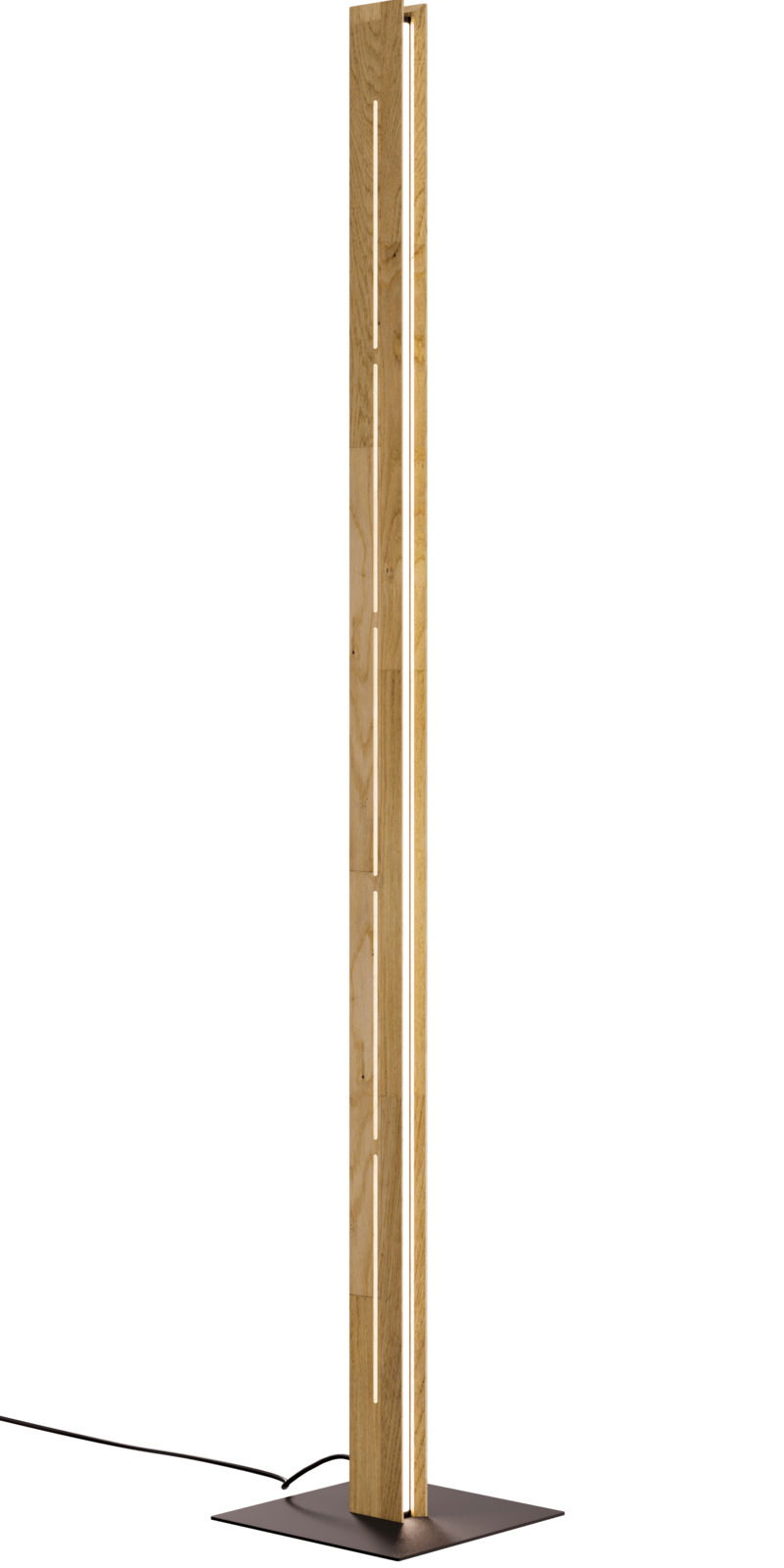 Moderne LED-Stehleuchte aus Holz mit schmalem, vertikalem Design, seitliche Perspektive