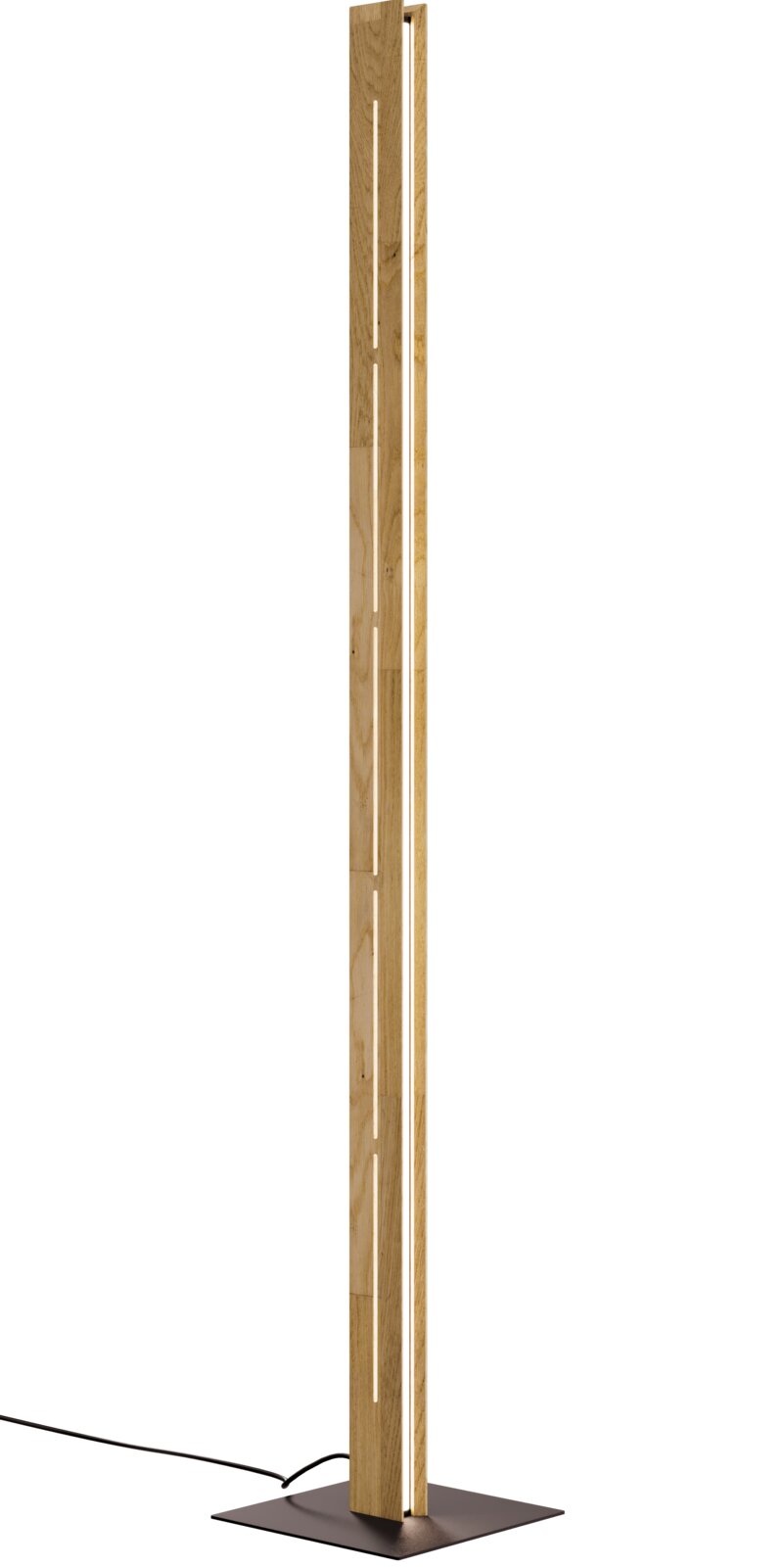 Moderne LED-Stehleuchte aus Holz mit schmalem, vertikalem Design, seitliche Perspektive