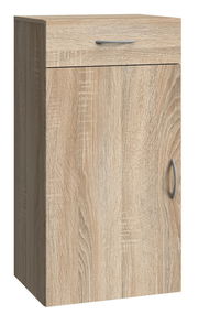 Schuhschrank aus Holz in Eichenoptik mit einer Schublade und einer Tür, seitliche Perspektive